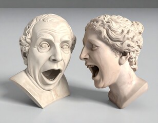 Obraz premium Two expressive sculptures depicting joy and surprise with open mouths featured on a simple background