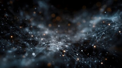 A neural network visualization with glowing nodes and bokeh lights in a dark digital space
