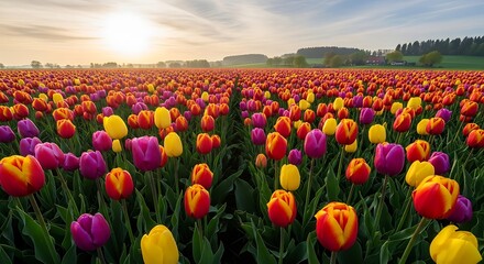 Vibrant Tulip Field at Sunrise - A Colorful Spring Landscape.