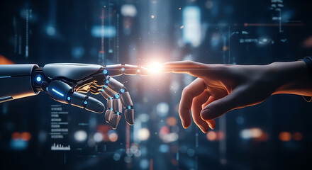 Human and robot hands touching with glowing light in futuristic city background