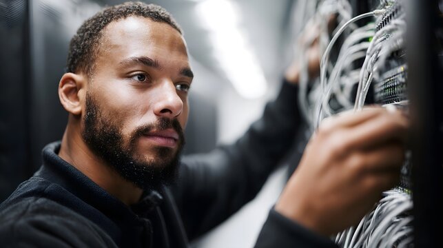 A network technician diligently inspects cables within a server rack in a data center