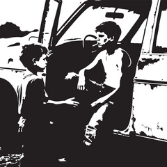 Youth and Car Silhouette Vector — Black and White Illustration of Two Individuals in Outdoor Scene with Vintage Vehicle and Dramatic Mood