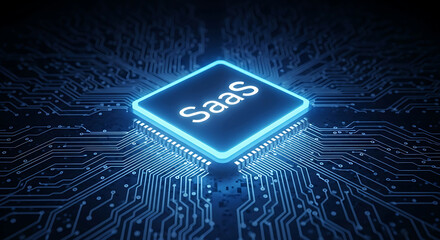 Glowing neon saas icon on futuristic circuit board background