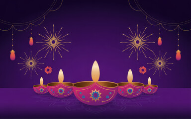 Radiant Diwali Delight A Festive Array of Lit Diyas Sparklers and Hanging Lanterns on Purple Backdrop