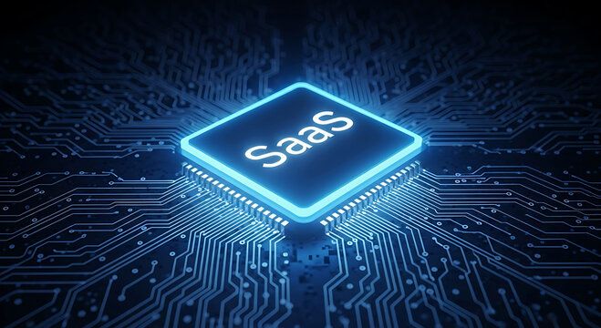 Glowing neon saas icon on futuristic circuit board background