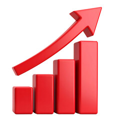 A red, upward-pointing arrow atop a bar graph indicating growth, progress, or achievement