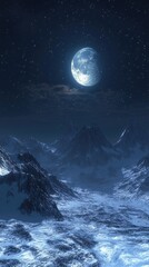 Fototapeta premium Majestic Moonlit Mountain Range Under Starry Night Sky, Serene Landscape.