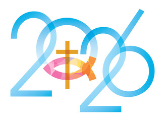 Jesus fish symbol inside a heart symbol, new year 2026. Christianity fish symbol with cross. Yellow inscription 2026.
 Isolated on white background. Vector available