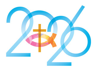 Jesus fish symbol inside a heart symbol, new year 2026. Christianity fish symbol with cross. Yellow inscription 2026.
 Isolated on white background. Vector available