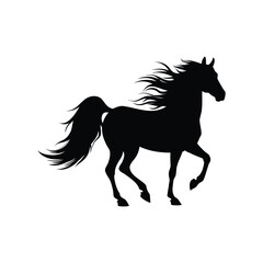 Obraz premium Black horse silhouette with flowing mane and tail in motion design, horse running silhouette vector illustration