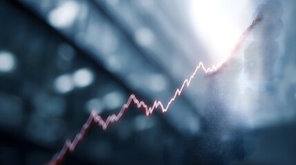 A bright red line graph illustrates a fluctuating upward trend on a dark blurred digital display