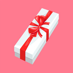 Long white gift box with red ribbon isolated on pink background. Vector cartoon flat illustration. 