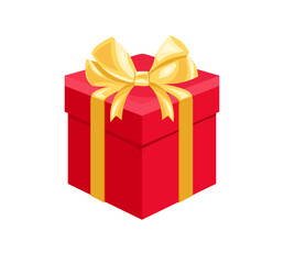 Red gift box with golden ribbon isolated on white background. Vector cartoon flat illustration.