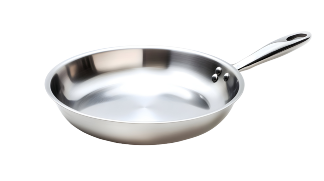 Clean silver skillet with polished finish for modern kitchen cooking and design