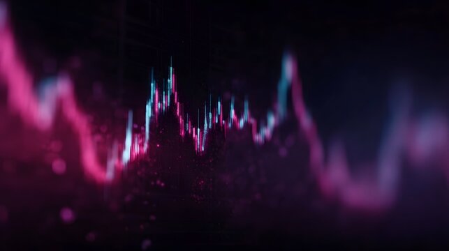 Abstract digital financial chart showing volatile market trends with glowing neon pink and blue lights and particle effects - Powered by Adobe