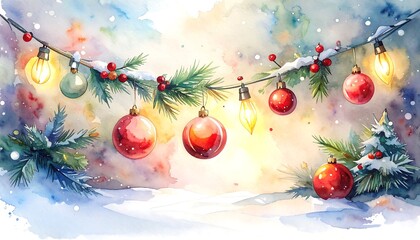 A festive watercolor scene depicting Christmas ornaments, string lights, evergreen branches, and snow against a soft, colorful backdrop