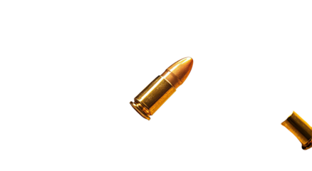 Gleaming, golden bullets floating in dark space, sharp focus