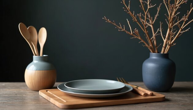 Minimalist dining setup on wooden board with blue plates, wooden cutlery, vases with dry branches on wooden table. Modern tableware and decor on dark background.