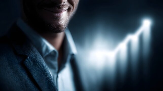 A smiling businessman looks towards a glowing upward trending graph symbolizing financial growth and success - Powered by Adobe