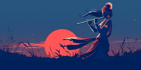 Lord Krishna playing flute in silhouette on the horizon at sunset. Hindu deity in devotional art style with musical instrument. Banner with copy space