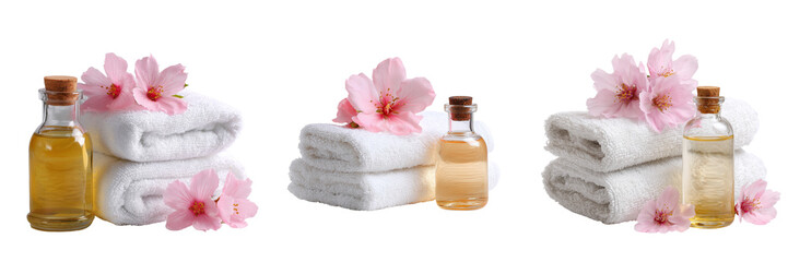 Set of A bottle of essential oil surrounded by delicate pink Kwanzan cherry blossoms on transparent png background. Ai generated