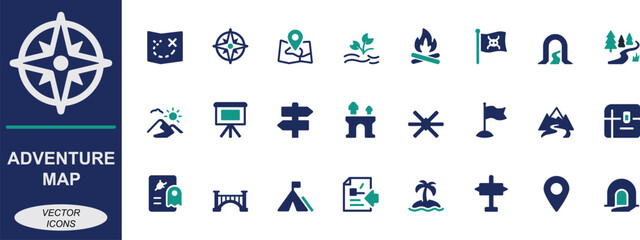 Solid adventure map icon set with compass, route, trail, mountain, forest, river, cave, and treasure symbols. Perfect for travel, hiking, explore, and outdoor projects.