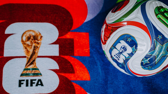 FIFA themed background showing the Adidas Trionda ball and World Cup 2026 branding for the USA, Mexico, and Canada. Panorama Format