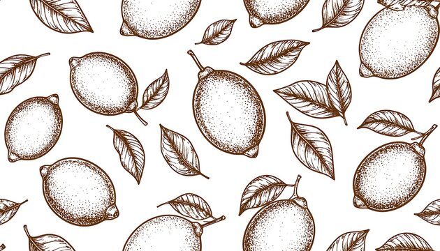 A detailed pattern features stylized lemons, leaves, and stems on a clean white background. The vintage-inspired illustration creates a seamless design