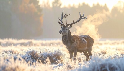 Obraz premium Majestic stag with impressive antlers stands proudly in a frosty meadow during a golden sunrise, evoking wonder and natural beauty