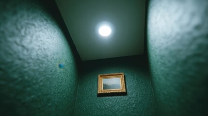 Unique Perspective of Green Wall with Framed Artwork in Hallway