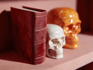 Vintage Book and Decorative Skulls on Shelf in Warm Setting