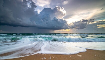 A dramatic seascape captures stormy clouds hovering over crashing waves on a sandy beach, with the sunlight breaking through