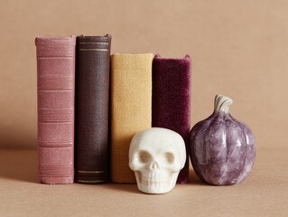 Vintage Books with Decorative Skull and Amethyst Figure on Table