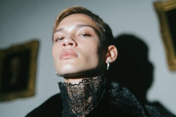 Elegant Portrait of Fashionable Model with Lace Neckline Detail