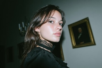 Elegant Young Woman Posing in Stylish Black Outfit with Portrait Background