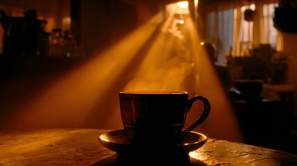 Morning Ritual: A steaming mug of coffee is illuminated by sunbeams, creating an inviting ambiance for a moment of serenity.