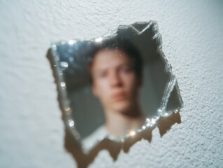 Reflection in a Distorted Mirror with Blurred Face and Soft Light