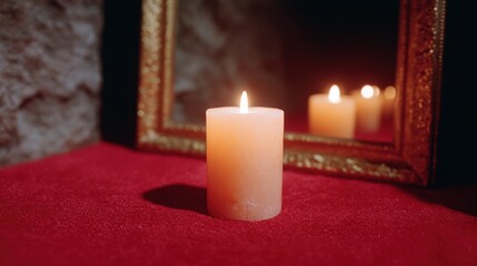 Peaceful Candle Flame Reflection on Red Velvet Surface and Mirror