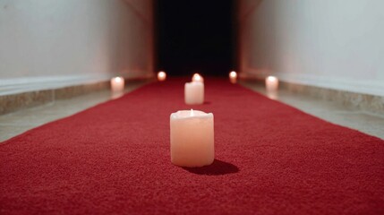 Elegant Red Carpet with Candles Leading to a Dark Corridor