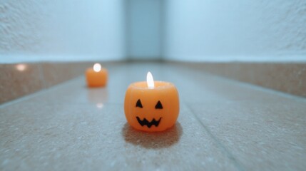 Halloween-themed pumpkin candles on a hallway floor scene