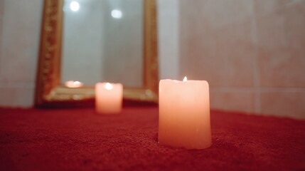 Elegant Candle Arrangement with Mirror Reflection in Soft Lighting