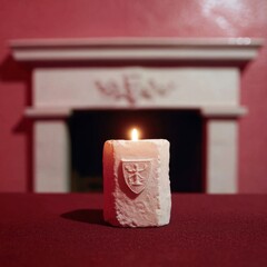 Decorative Candle with Shield Design on Table Against Red Wall