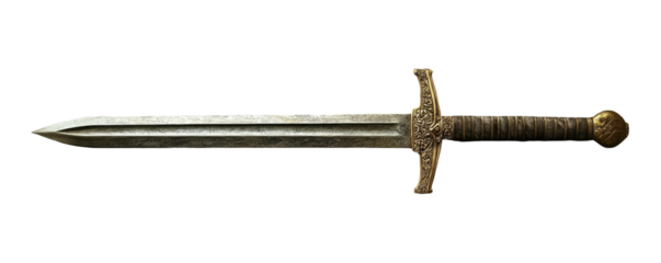Metallic sword with an ornate hilt and pommel, displayed on black