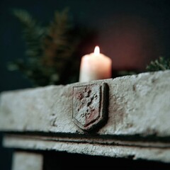 Candlelight on Rustic Stone Surface with Ferns and Shield Emblem