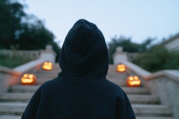 Child in Hoodie Stands Before Halloween Pumpkins at Dusk