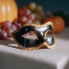 Elegant Black Mask with Golden Trim on Autumn Table Setting