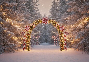 Christmas candy cane archway decorated with evergreen garland red peppermint ornaments and warm lights in snowy winter forest pathway for holiday greeting card background concept