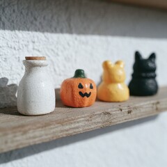 Charming Decorative Figurines on Wooden Shelf with Bright Colors