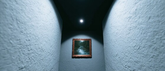 Dimly Lit Hallway with Framed Artwork on the Wall