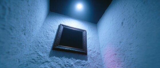 An Empty Frame on a Wall in a Dimly Lit Room with Blue Lighting